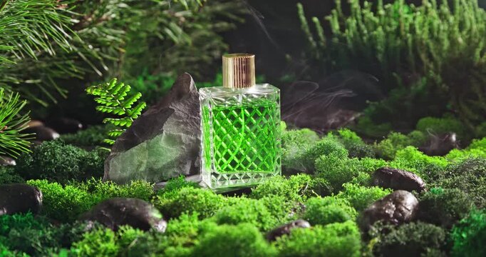 Fresh green perfume on moss in dark hazy forest.