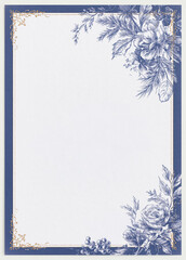 Naklejka premium Elegant stationery layout showing a floral design border with blue botanical illustrations of peonies, roses, and berries