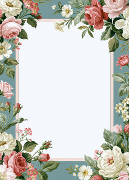 Floral border frame with vintage roses and various blossoms, creating a decorative botanical background for text