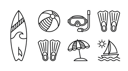 Beach vacation and water sports outline icons set © kemu