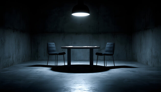A small interrogation room with concrete walls, a table, and two chairs. The stark overhead light casts shadows across the sparse space. The dark, moody ambiance suggests a tense, suspenseful, and con
