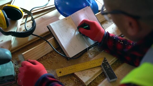 A carpenter taking notes in a notebook on a messy workbench filled with sawdust, wooden planks, hand tools, and blue safety helmet.