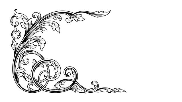 Classic black and white ornate corner with intricate floral scrollwork, elegant vintage design, isolated white background