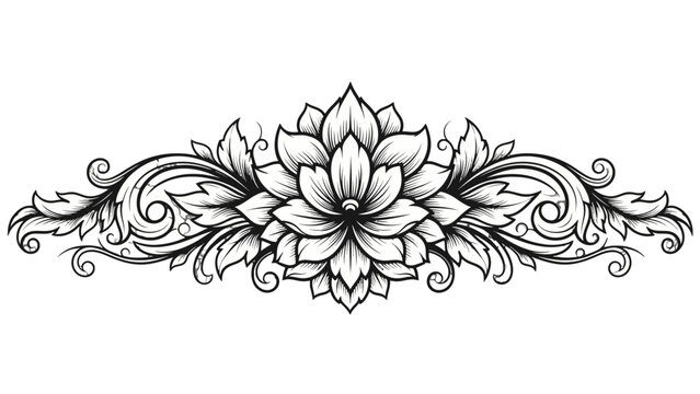 Ornate black and white lotus flower design with intricate scrollwork, elegant horizontal decorative element, isolated white background