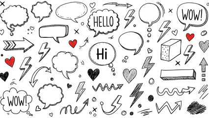 Dynamic Set of Hand Drawn Comic Speech Bubbles, Hearts, Lightning Bolts, and Arrows Expressing Emotions on Isolated White Background © Grangger