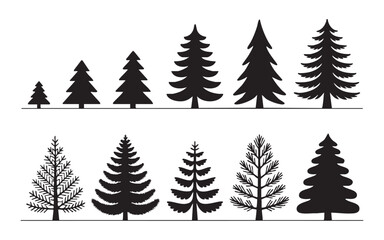 Obraz premium Set of ten christmas trees in various black silhouettes isolated on transparent background.