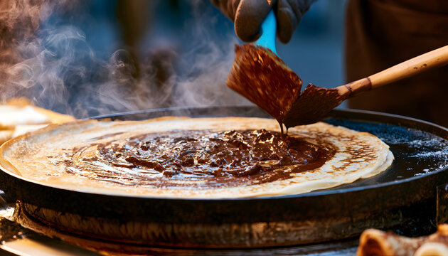 Someone slathers chocolate onto a warm crepe using a spatula. Steam arises from the treat atop the griddle pan. Crafting a delectable French crepe with a decadent filling, either for home cooking or s
