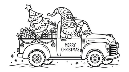 Festive gnome driving a classic truck with gifts and tree