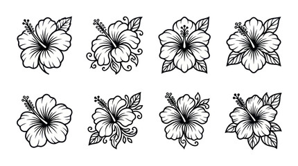 Tropical hibiscus flower line art icons and floral stencil designs © nafal