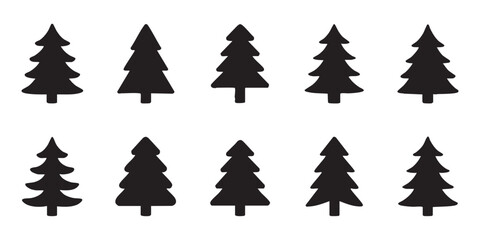 Obraz premium Christmas trees vector icons silhouette set simple flat design on transparent background for holiday.