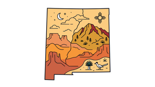 New mexico state map with desert landscape and zia symbol