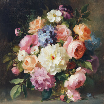 Floral oil painting displaying a luxurious bouquet of pink and peach roses, white peonies, and blue hydrangeas