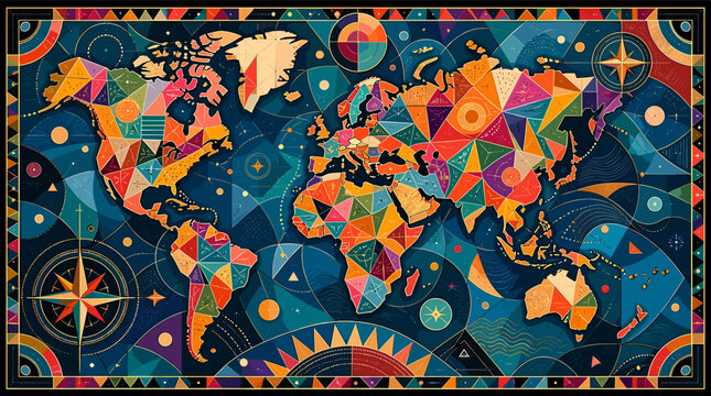 A vibrant, abstract world map illustration with geometric shapes and a compass rose, rendered in a colorful, artistic style.