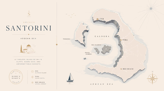 A beautifully illustrated map of Santorini, Greece, highlighting key locations and geographical features with a charming, artistic style.