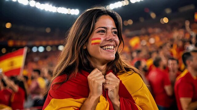Spanish female soccer fan celebrating a victory and waving in a stadium crowd
