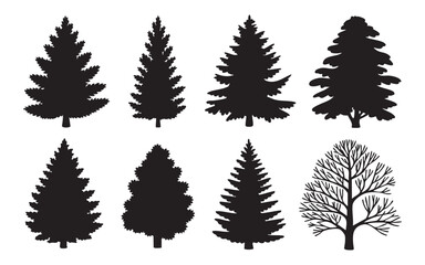 Obraz premium Set of black coniferous tree silhouettes for forest landscape designs and outdoor nature elements.