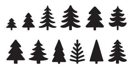Obraz premium Collection of twelve simple vector tree silhouettes for graphic design and landscape illustration.