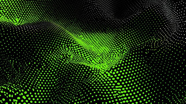 Futuristic abstract technology background with glowing green dotted wave mesh on dark black space. Digital data landscape concept.