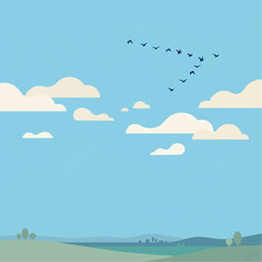 Fototapeta premium Flock of birds flying in V formation across a blue sky with stylized clouds and landscape
