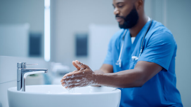 A doctor washing hands at a medical sink, representing hospital hygiene, infection prevention and patient safety in healthcare practice.
