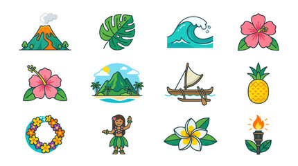 Colorful hawaiian tropical icons with volcano hibiscus and pineapple © onad