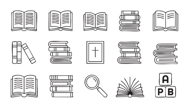 Library icons set with magnifying glass alphabet blocks and holy bible icons for education designs.
