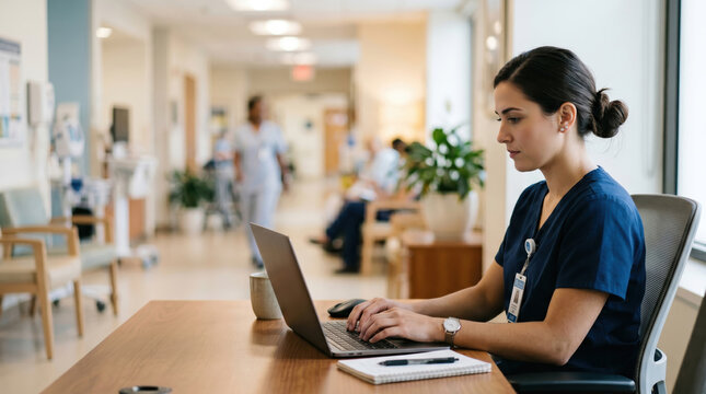 Female nurse working on a laptop in a hospital corridor. Healthcare woman, doctor typing records at a desk in a clinic. Medical administration concept