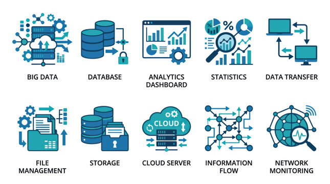 Blue flat icons for database and server management