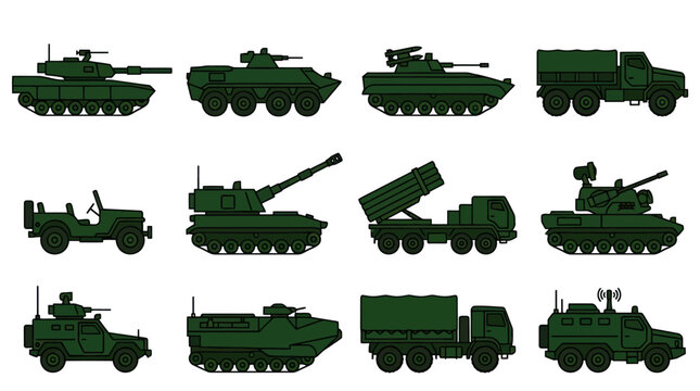 Armored military ground vehicles and tanks silhouette set.