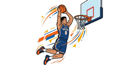 Basketball player performing powerful slam dunk. © bogel