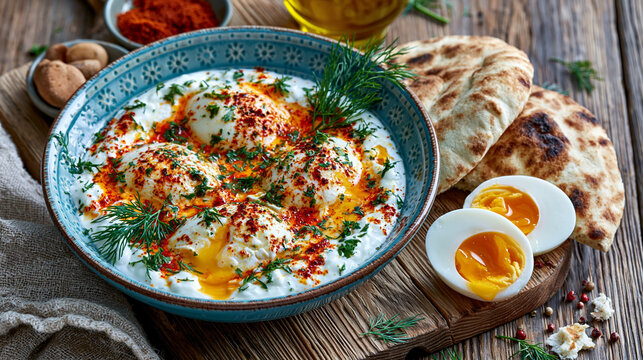 Delicious Turkish eggs Cilbir served with fresh pita bread and aromatic spices