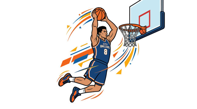 Basketball player performing powerful slam dunk.