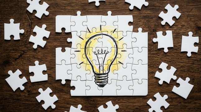 Concept of idea creation with a hand-drawn light bulb on a white jigsaw puzzle.