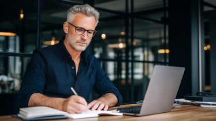 Fototapeta premium Focused Mature Businessman Working on Laptop in Modern Office, Professional Male Executive Writing Notes, Corporate Productivity, Remote Work, Business Planning, Financial Analysis
