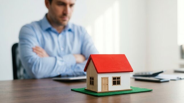 Real estate concept featuring a miniature house model and a man contemplating property investments.