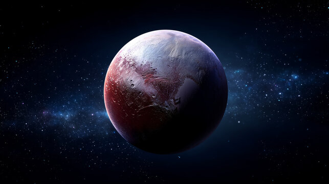 Realistic Pluto Like Dwarf Planet in Dark Starry Space, Icy Red and White Surface, Outer Solar System Astronomy, Planetary Science, Cosmic Discovery, Deep Universe Background Stock