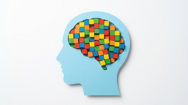 Colorful cube pieces in a brain shape inside a blue head silhouette representing mental concepts.
