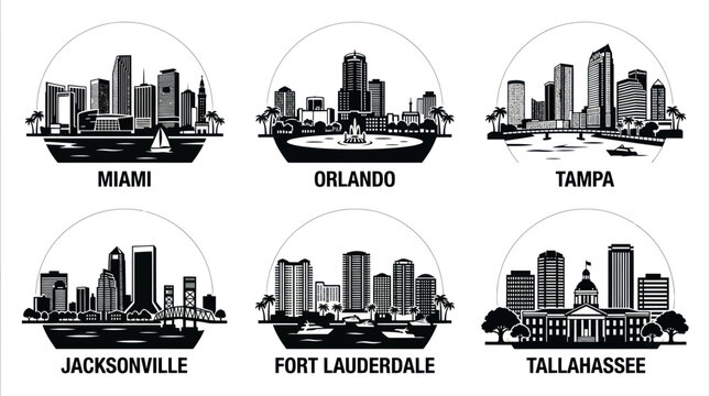 Black and white skyline silhouettes of major florida cities