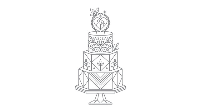 Elegant tiered wedding cake with geometric patterns and couple topper