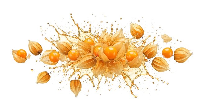 Fresh Cape Gooseberry Physalis Fruit Splash with Juice Droplets Isolated on White Background. Goldenberry Liquid Burst for Healthy Beverage and Food Packaging Design.