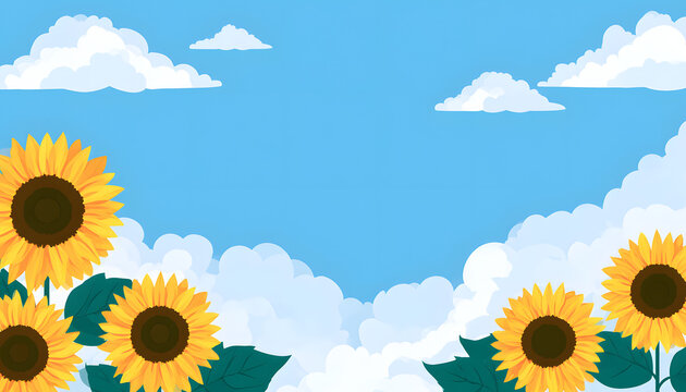 入道雲とひまわりが描かれた夏のイラスト - 余白あり