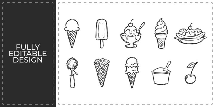 Summer ice cream and sweet desserts hand drawn doodle icons set for bakery shop menu and confectionery branding identity design graphics
