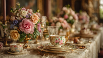 Fototapeta premium Elegant tea party setting with vintage floral china and delicate roses, envisioning luxury and tradition