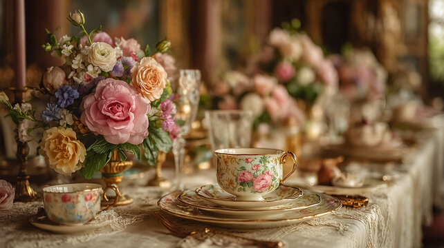 Elegant tea party setting with vintage floral china and delicate roses, envisioning luxury and tradition