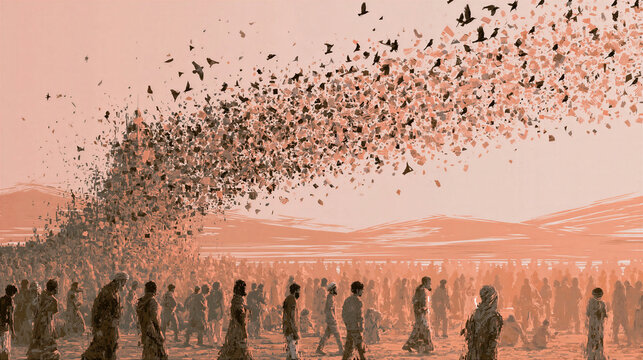 Confusion of languages at Babel with chaotic crowd dispersal, fractured communication visualized through symbolic distortion