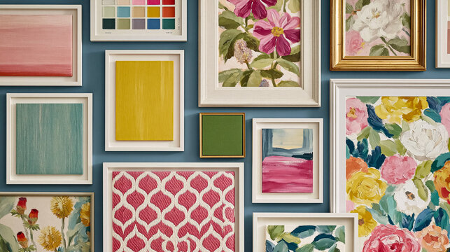 Creating a gallery wall displaying colorful framed artworks and abstract paintings on a blue wall