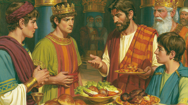 Daniel refusing the king's rich food, eating simple vegetables and glowing with health, palace setting