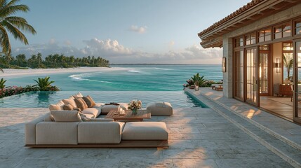 Obraz premium Luxurious tropical beachfront villa with infinity pool and modern outdoor living area at sunset