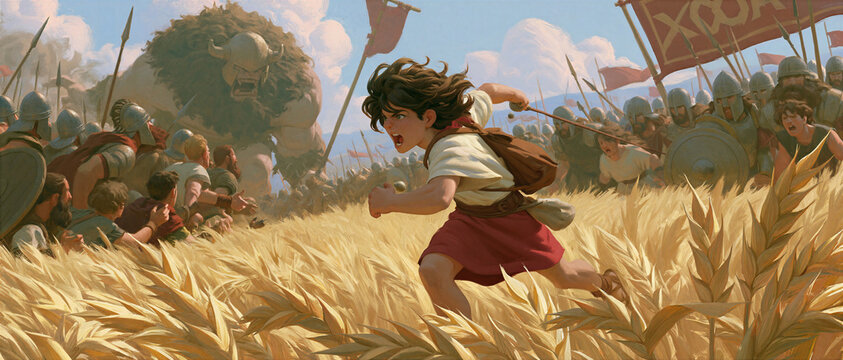David running toward the battle line to meet the giant Philistine, holding his sling ready