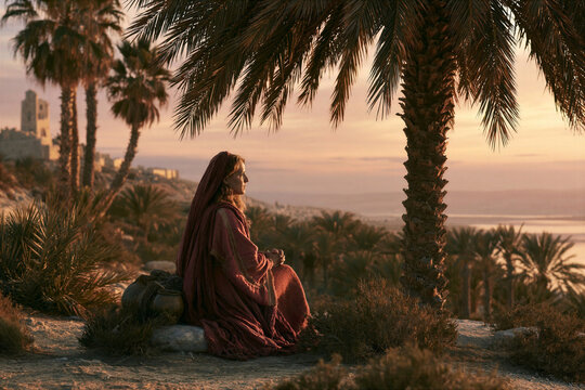 Deborah the prophetess judging Israel under a palm tree, ancient Ephraim landscape, warm golden hour light, historical realism